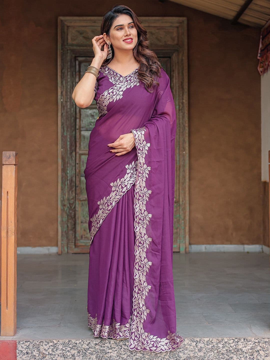 Nirmohi Fashion Floral Embroidered Pure Georgette Saree - view 1
