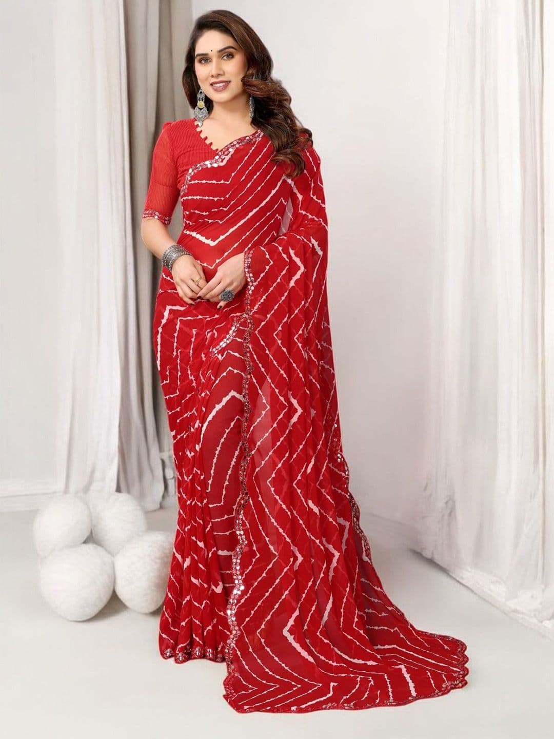 HERE&NOW Lehariya Printed Mirror Work Pure Georgette Saree - view 1
