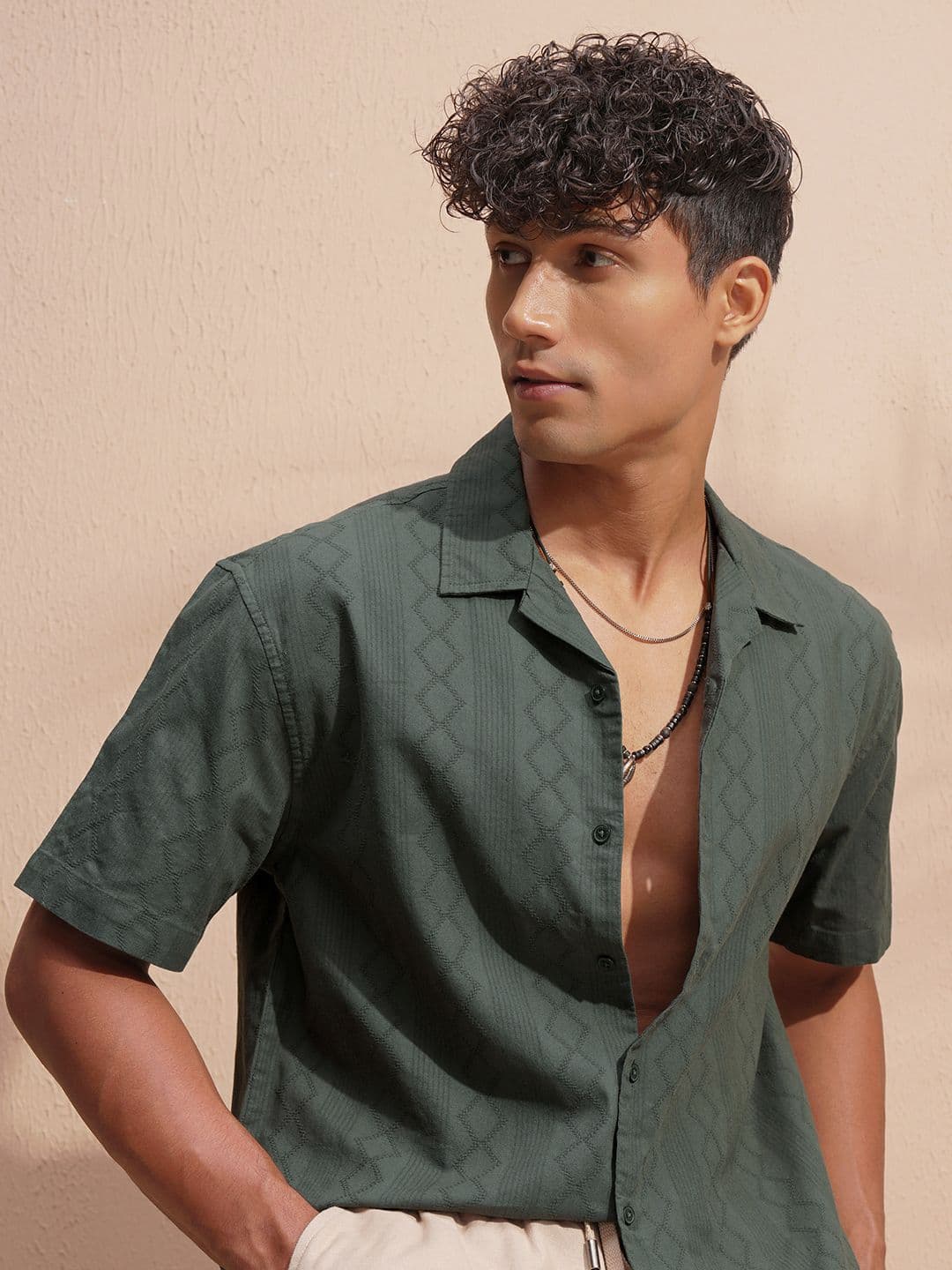 HIGHLANDER Self Design Spread Collar Short Sleeves Casual Dobby Cotton Shirt - view 1