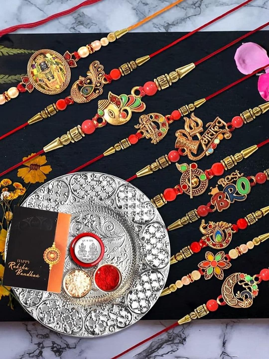 DeoDap Set Of 10 Rakhis With Silver Colour Pooja Thali & Coin- Roli Chawal & Greeting Card - view 1