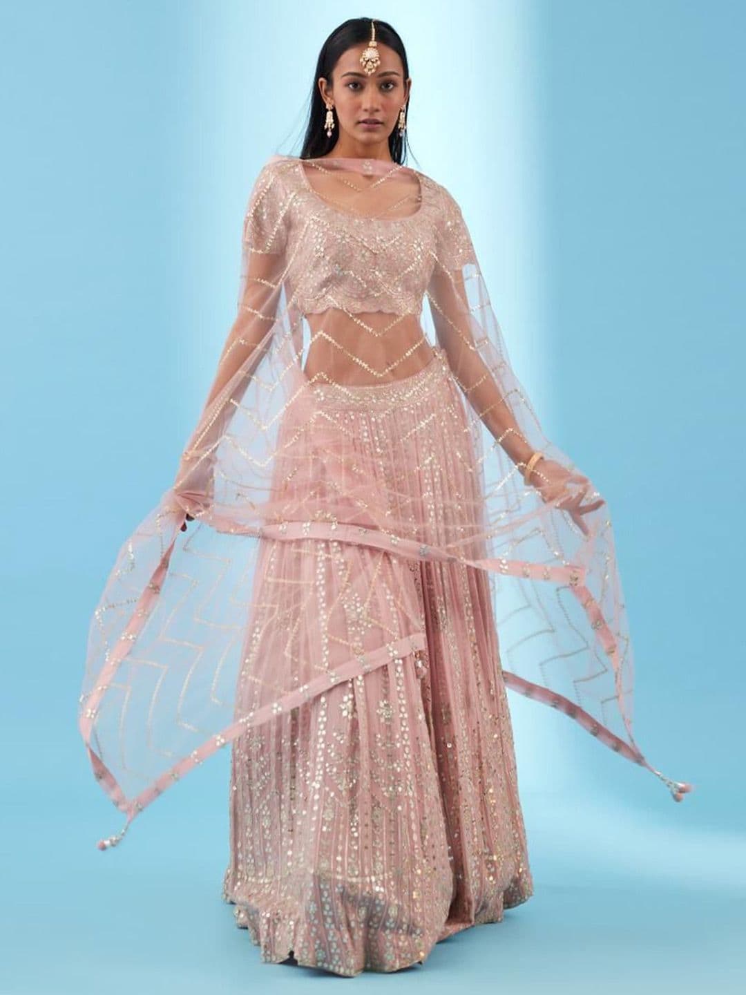JIHU CULTURE Embellished Mirror Work Semi-Stitched Lehenga & Unstitched Blouse & Dupatta - view 1