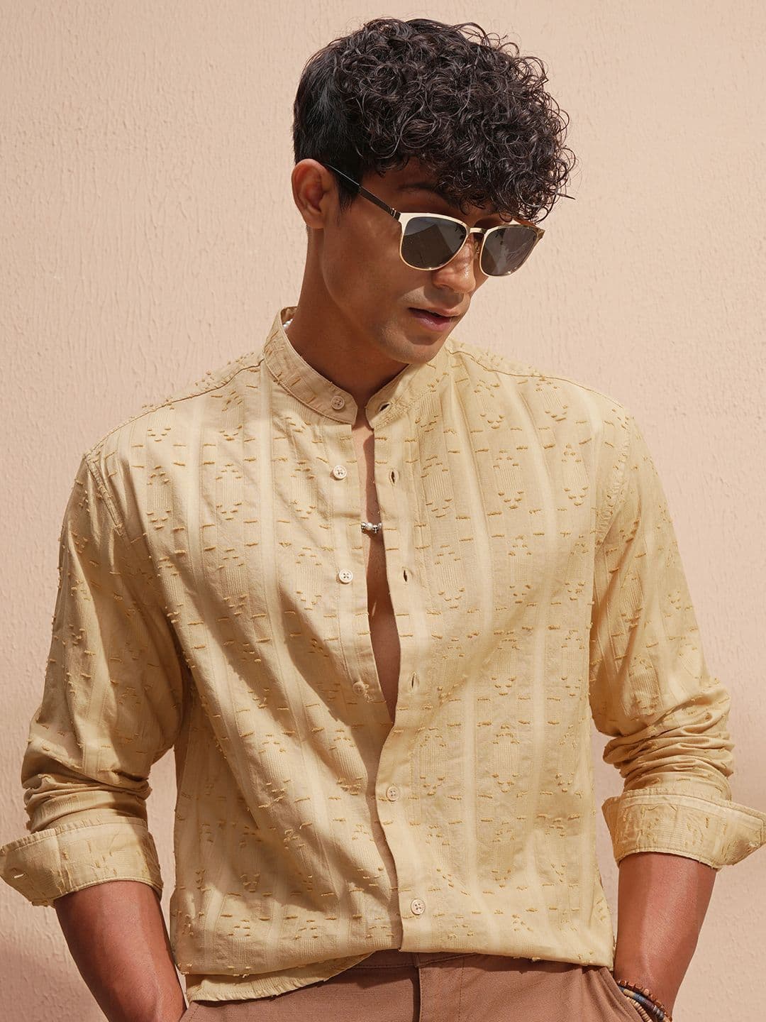 HIGHLANDER Self Design Mandarin Collar Long Sleeves Casual Jacquard Cotton Relaxed Fit Shirt - view 1