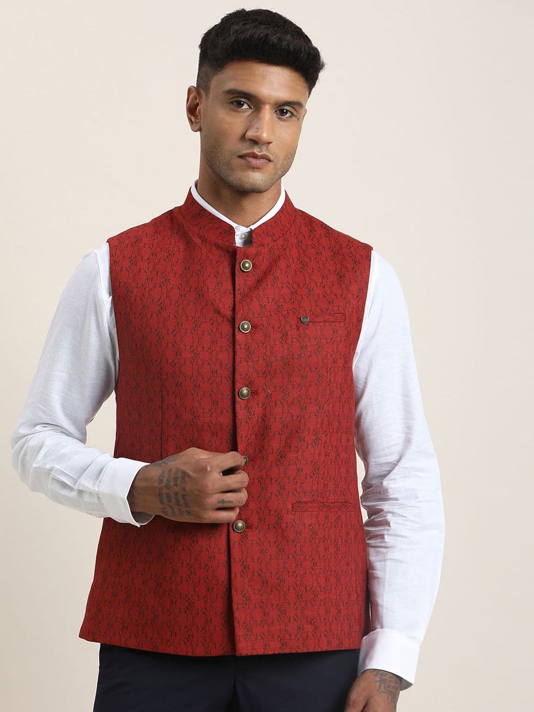 Turtle Printed Mandarin Collar Nehru Jackets - view 1