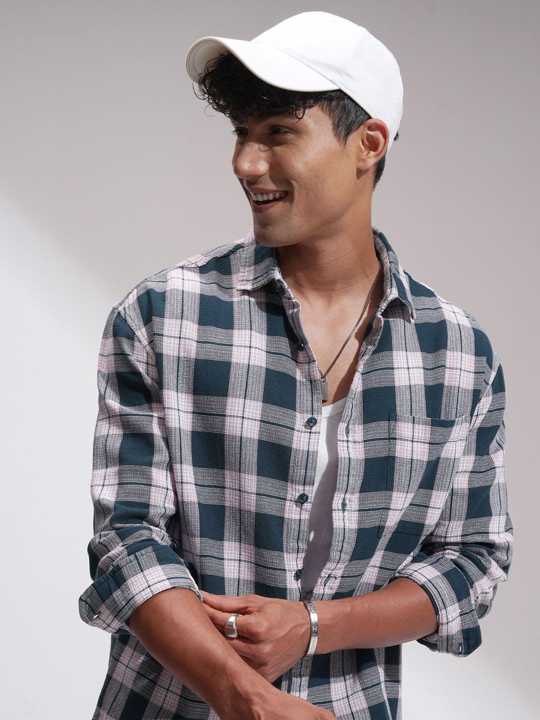 HIGHLANDER Checked Cutaway Collar Oversized Cotton Shirt - view 1