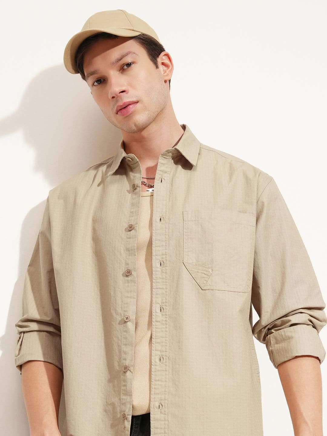 HIGHLANDER Self Design Spread Collar Long Sleeves Cotton Oversized Shirt - view 1