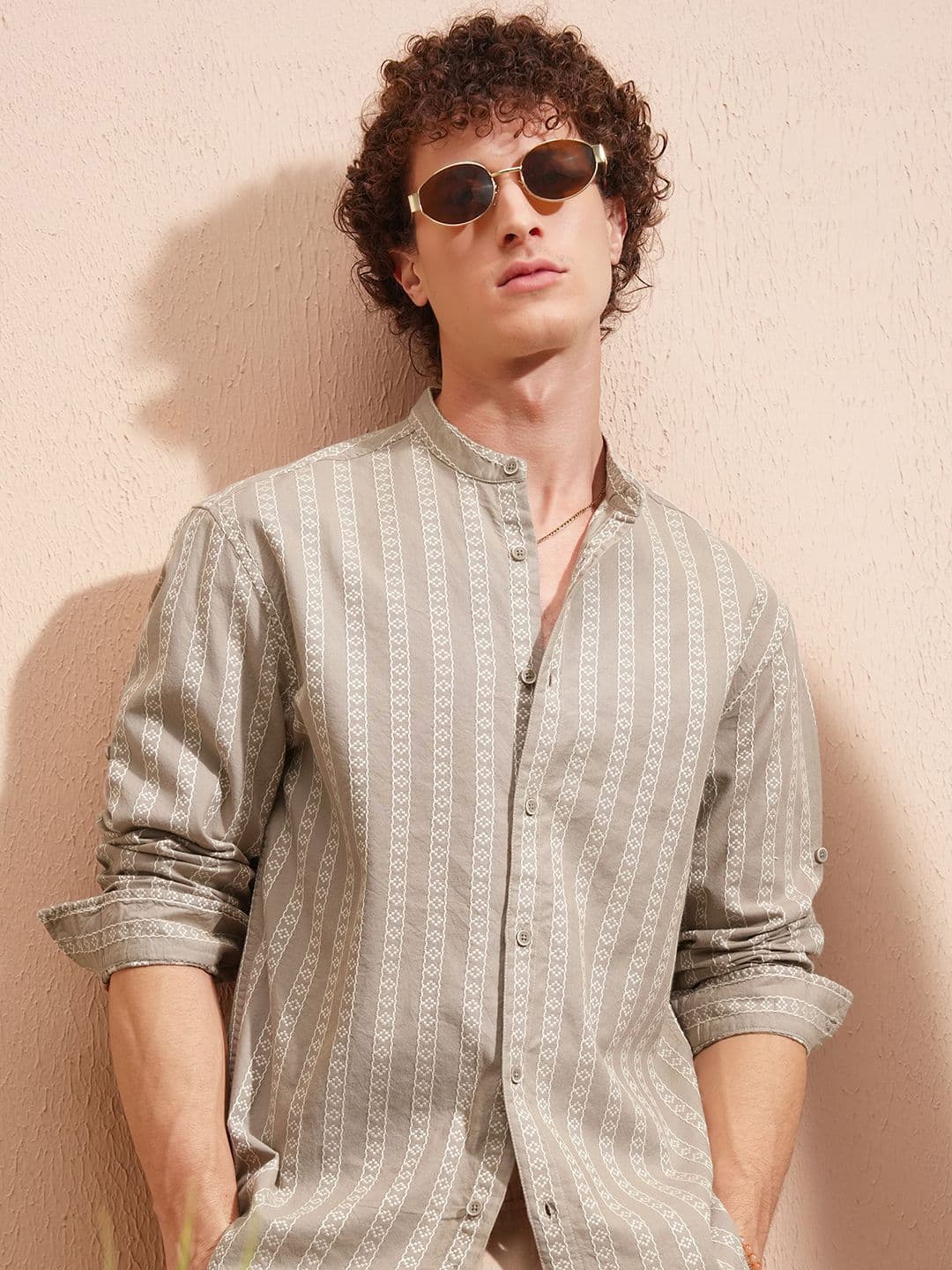 HIGHLANDER Men Relaxed Fit Vertical Striped Band Collar Cotton Casual Shirt - view 1