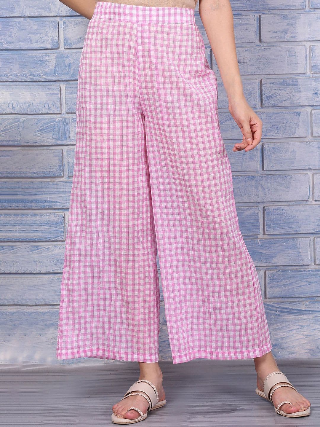 W Women Checked Pure Cotton Wide Leg Palazzos - view 1