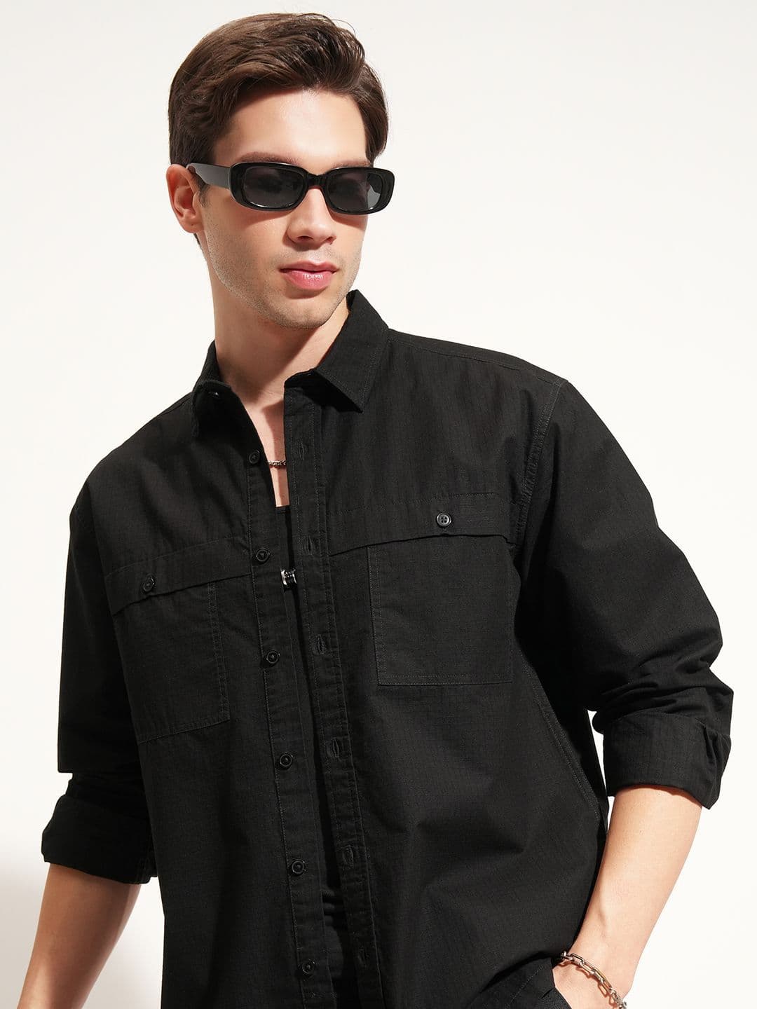 HIGHLANDER Men Oversized Fit Textured Spread Collar Cotton Casual Shirt - view 1