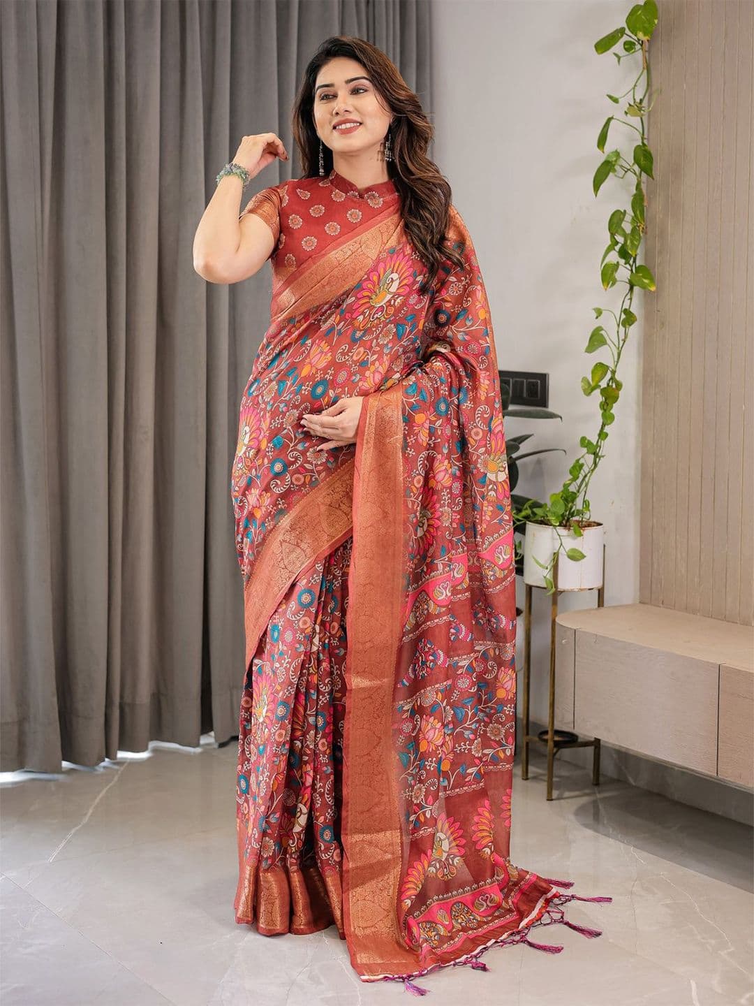 ALMAARI FASHION Floral Printed Pure Cotton Banarasi Saree and Unstitched Blouse Piece - view 1