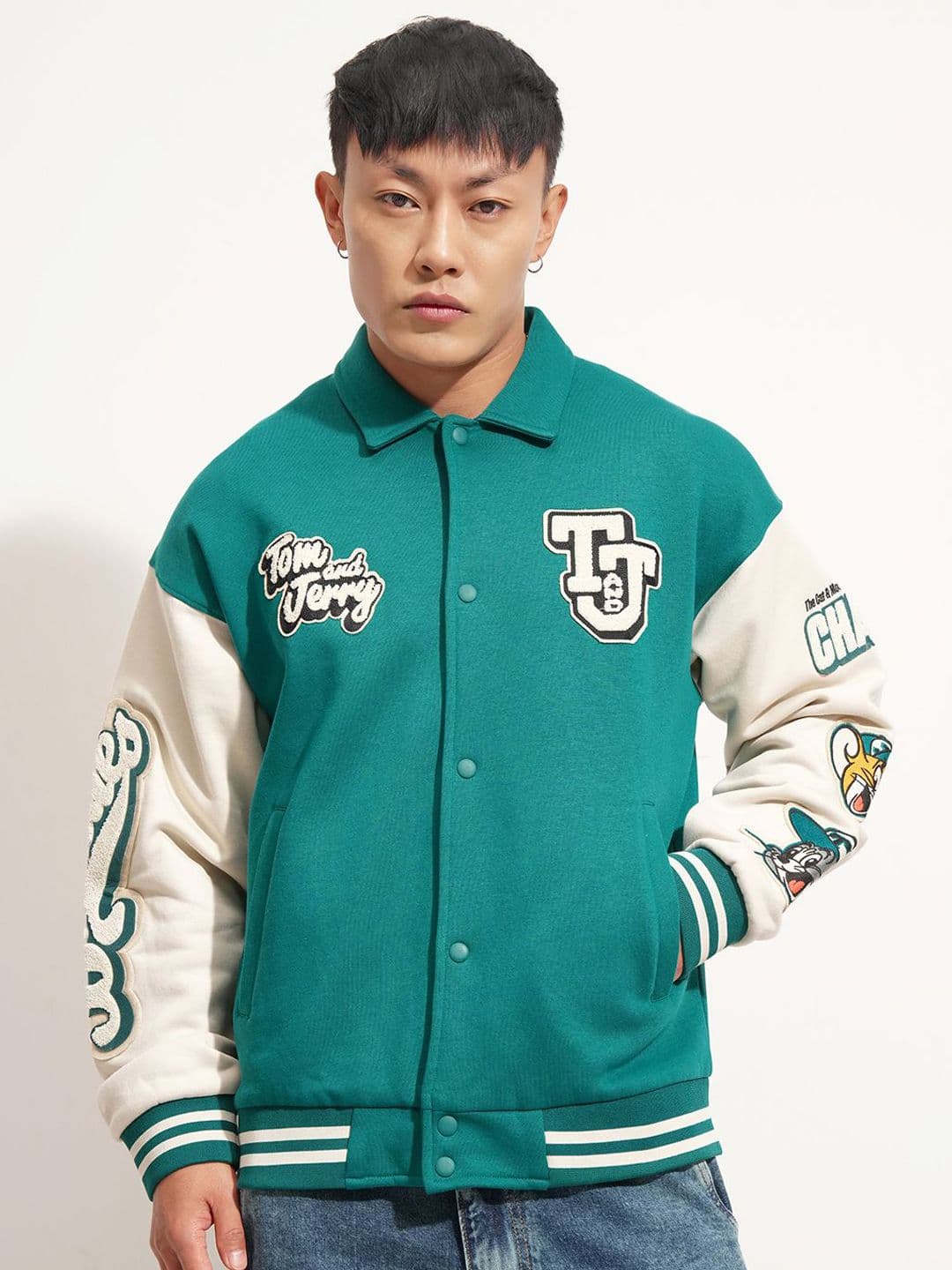 HIGHLANDER Warner Bros Bros Tom & Jerry Typographic Printed Spread Collar Varsity Jacket - view 1