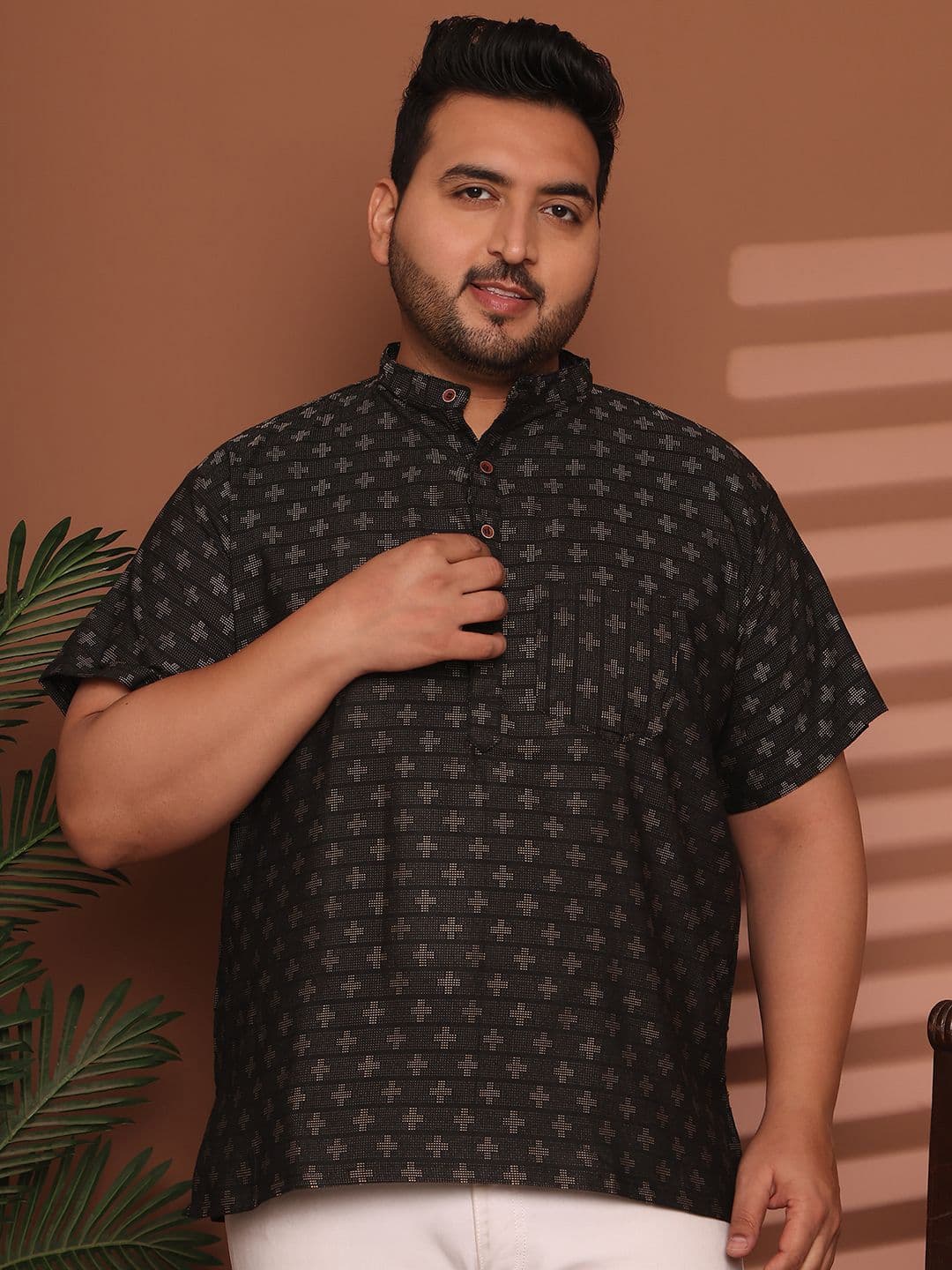 Enchanted Drapes Plus Size Geometric Printed Band Collar Pure Cotton Short Kurta - view 1
