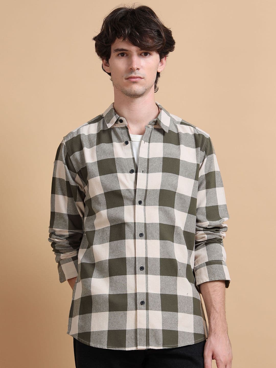StitchX Men's Green Cream Brushed Cotton Buffalo Checkered Shirt - view 1