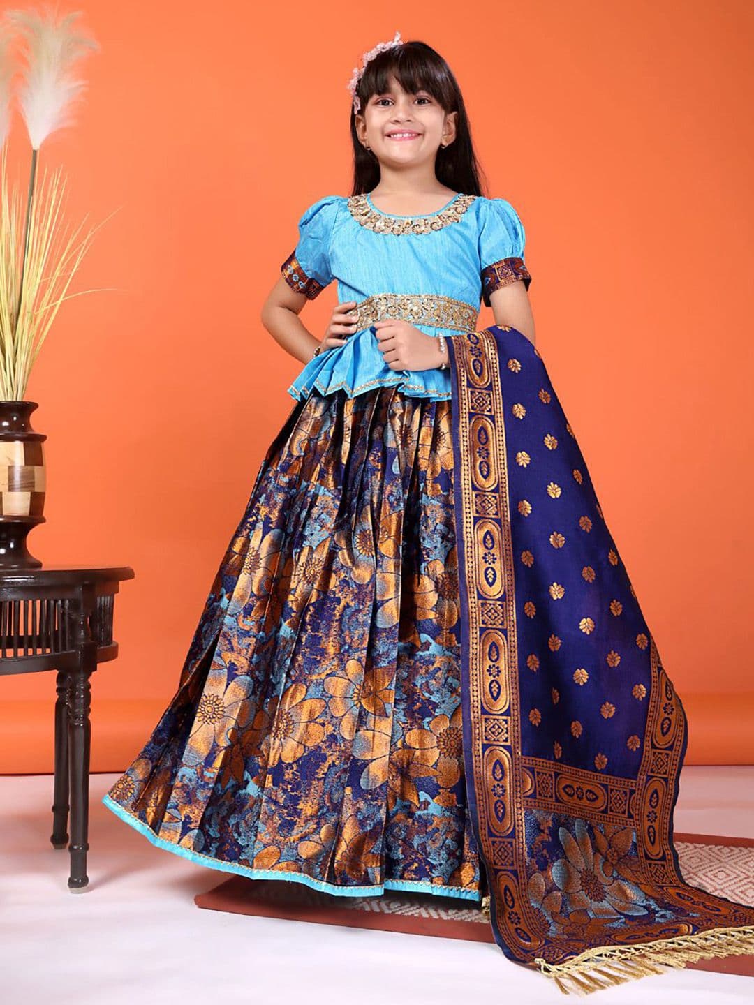 satyamfab Girls Embroidered Sequinned Ready to Wear Lehenga & Blouse With Dupatta - view 1