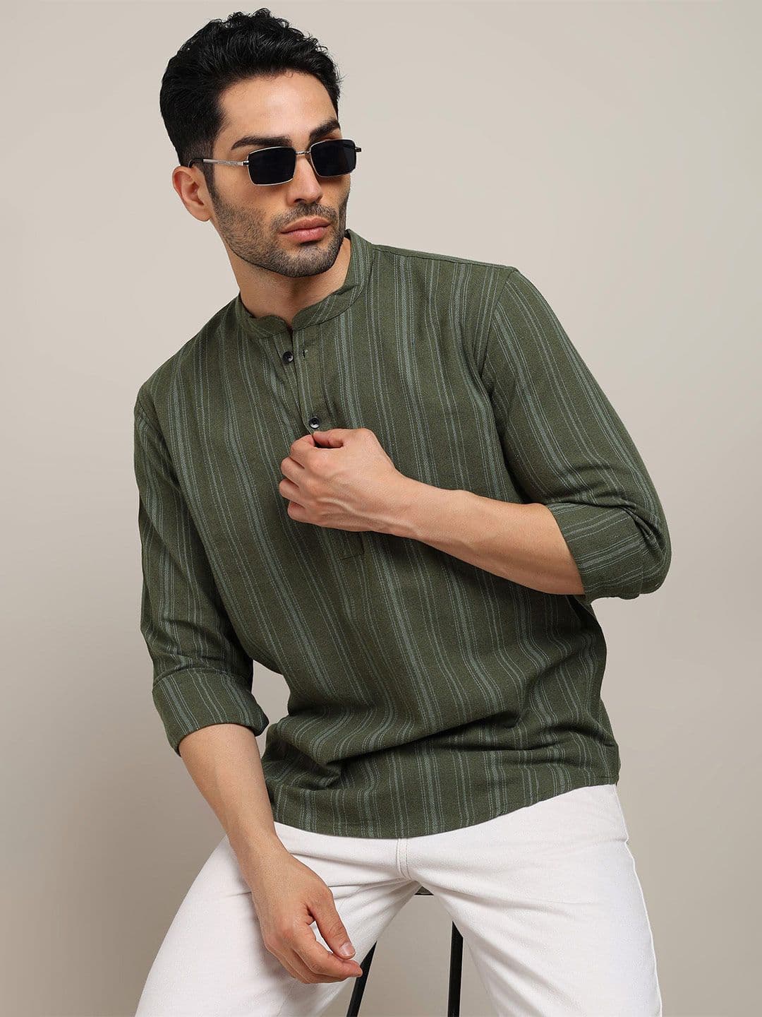 HERE&NOW Men Striped Daily Cotton Straight Kurta - view 1