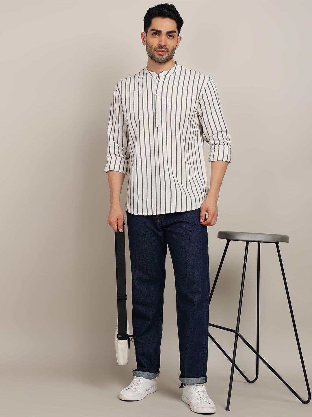 HERE&NOW Men Striped Daily Cotton Straight Kurta - view 1
