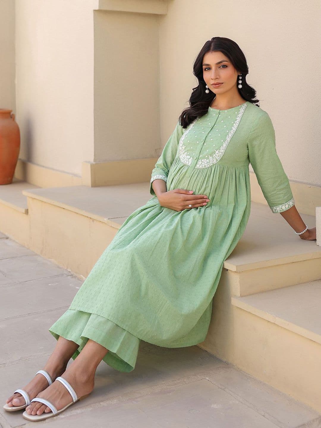 Janasya Women's Floral Light Green Dobby Pure Cotton Yoke Embroidered A-line Maternity Kurta Set - view 1