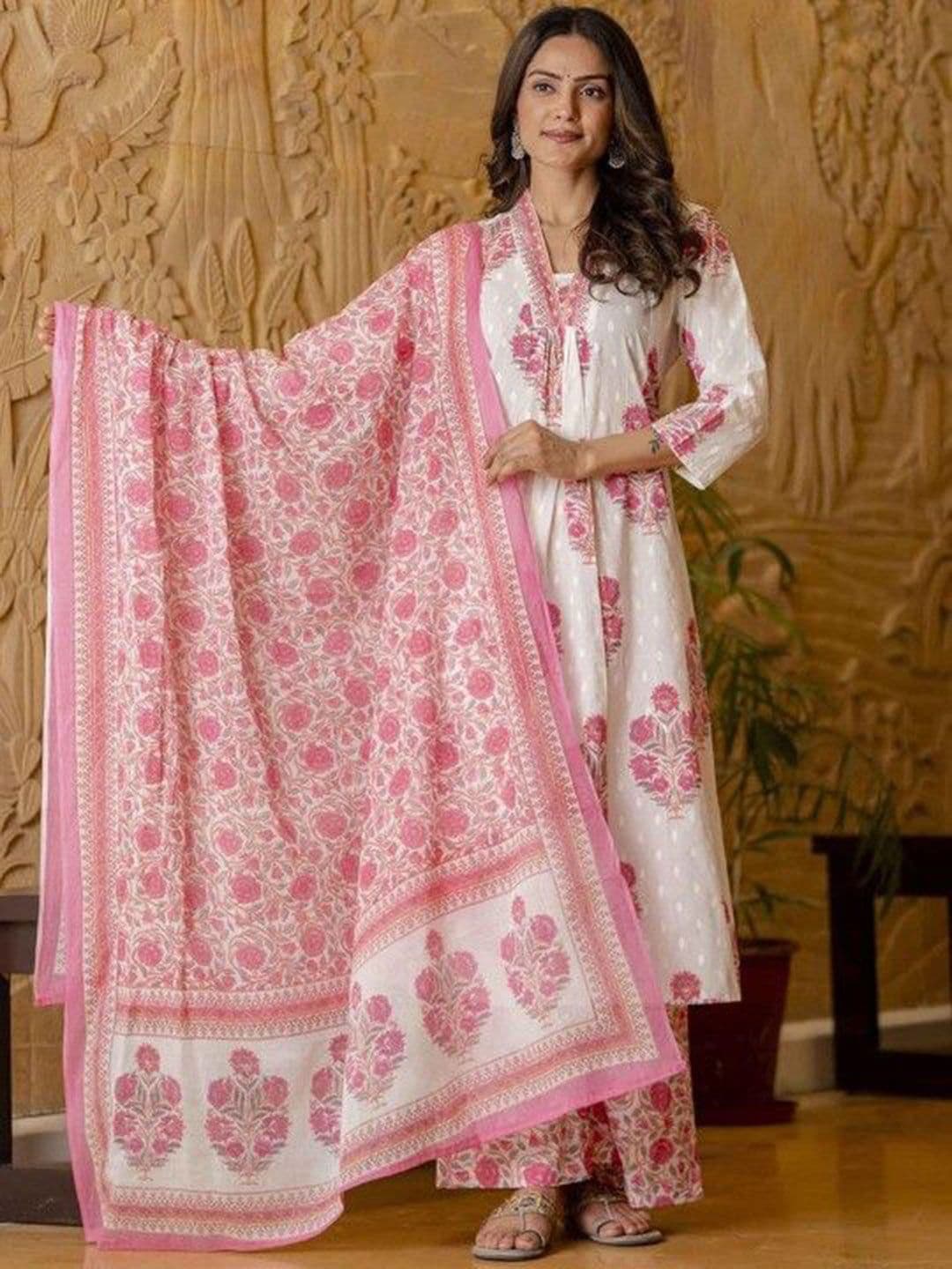 DIVASTRI Floral Printed V-Neck Pure Cotton A-Line Kurta With Palazzos & Dupatta - view 1