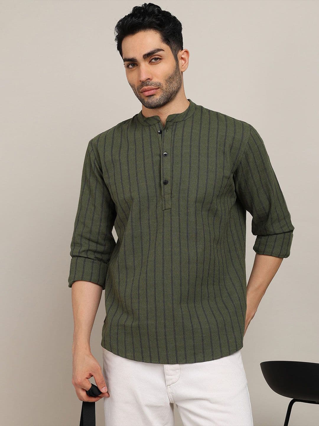 HERE&NOW Striped Mandarin Collar Long Sleeves Pure Cotton Straight Short Kurta - view 1