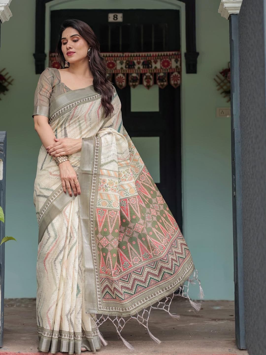 ZIRVI Ethnic Motifs Linen Blend Tussar Saree - view 1