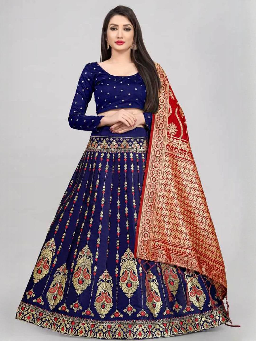 Mr Y Women Navy Blue Banarasi Silk Semi-Stitched Lehenga & Unstitched Blouse With Dupatta - view 1