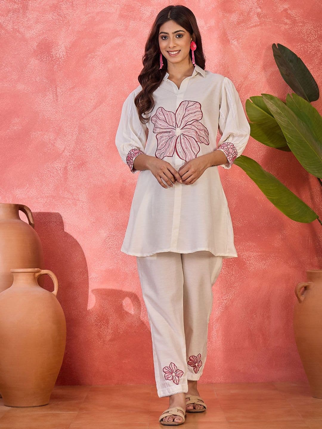 Sangria Embroidered Shirt Collar Neck Tunic With Trousers Co-Ords - view 1