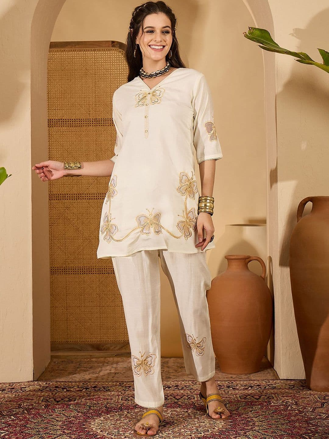 Sangria Embroidered V-Neck Tunic & Trousers Co-Ord Set - view 1