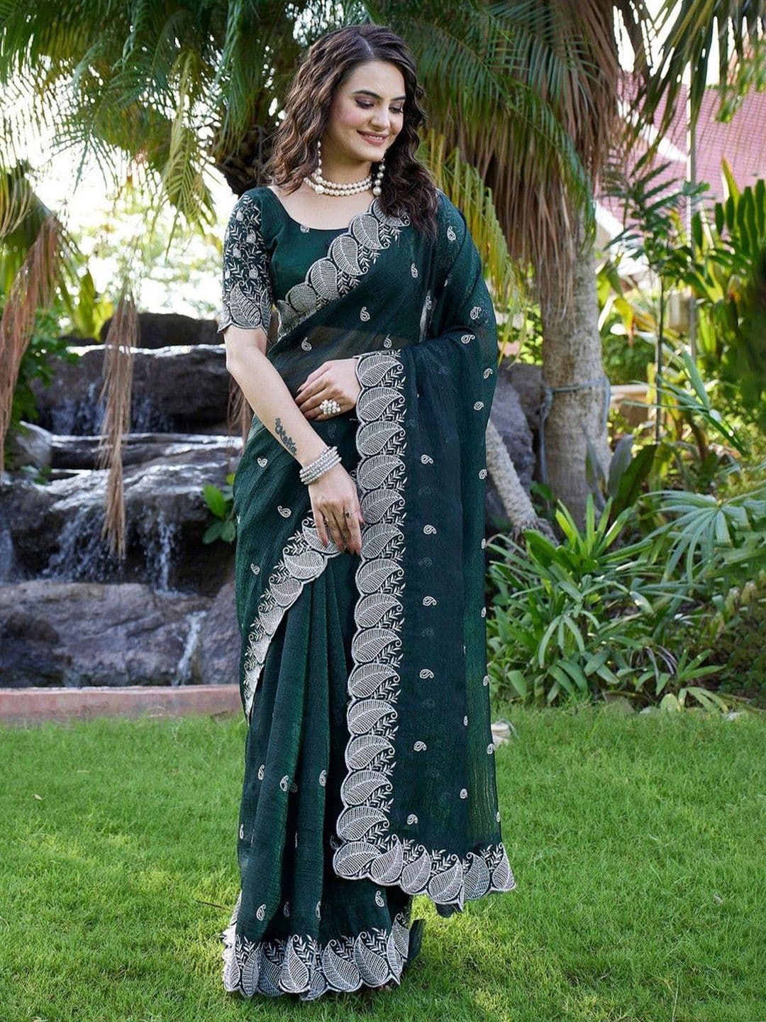 K 5 Fashion Paisley Embellished Beads and Stones Pure Chiffon Saree - view 1