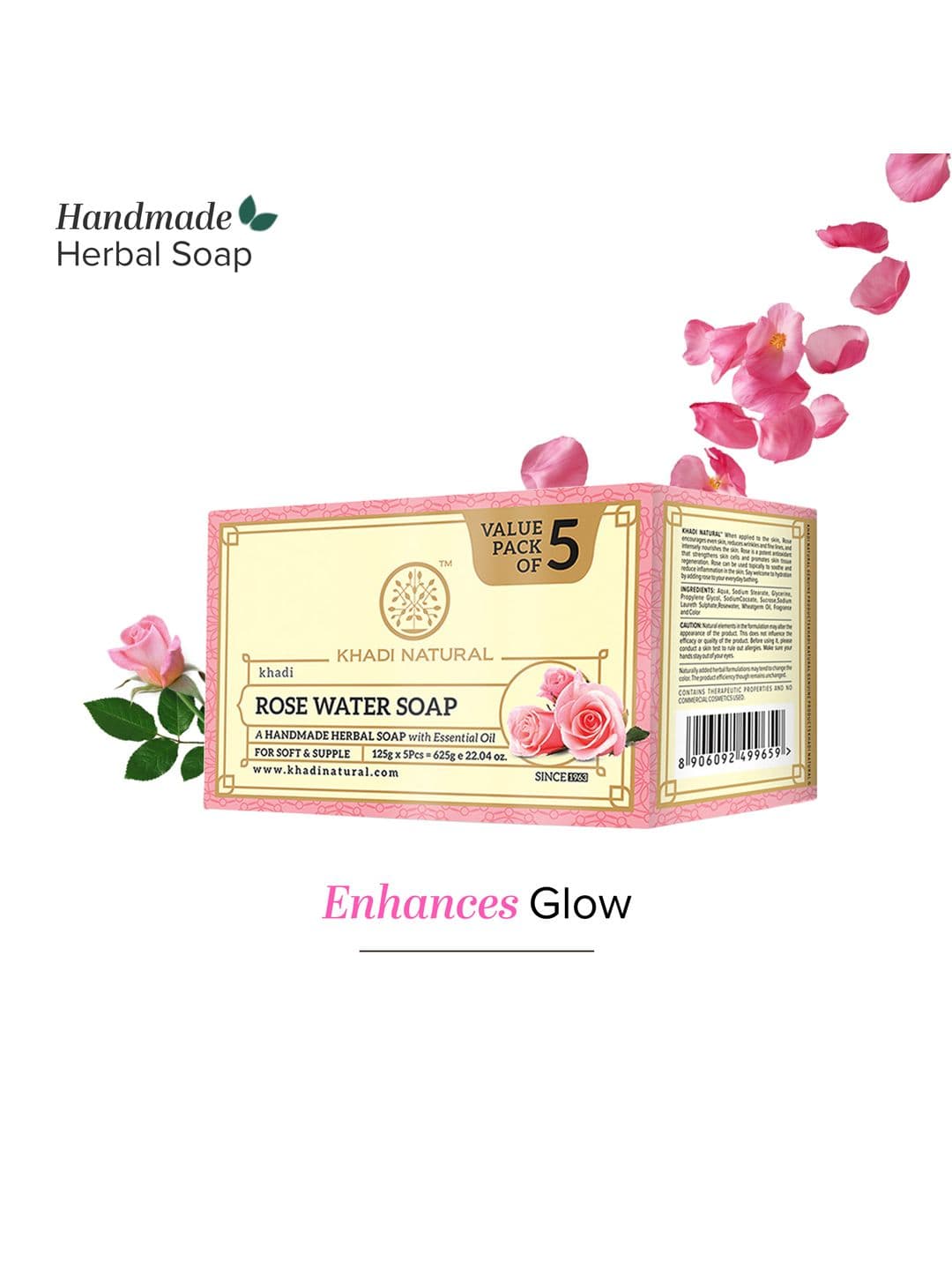 Khadi Natural Set of 5 Rosewater Herbal Soap With Essential Oils - 125 g each - view 1