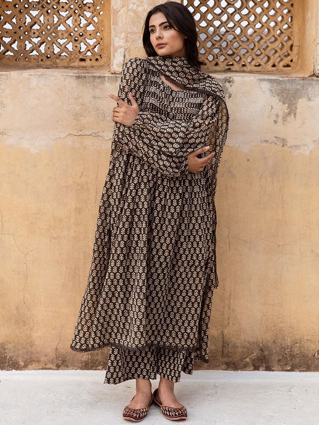 GoSriKi Floral Printed Round Neck A-Line Kurta with Palazzos & Dupatta - view 1