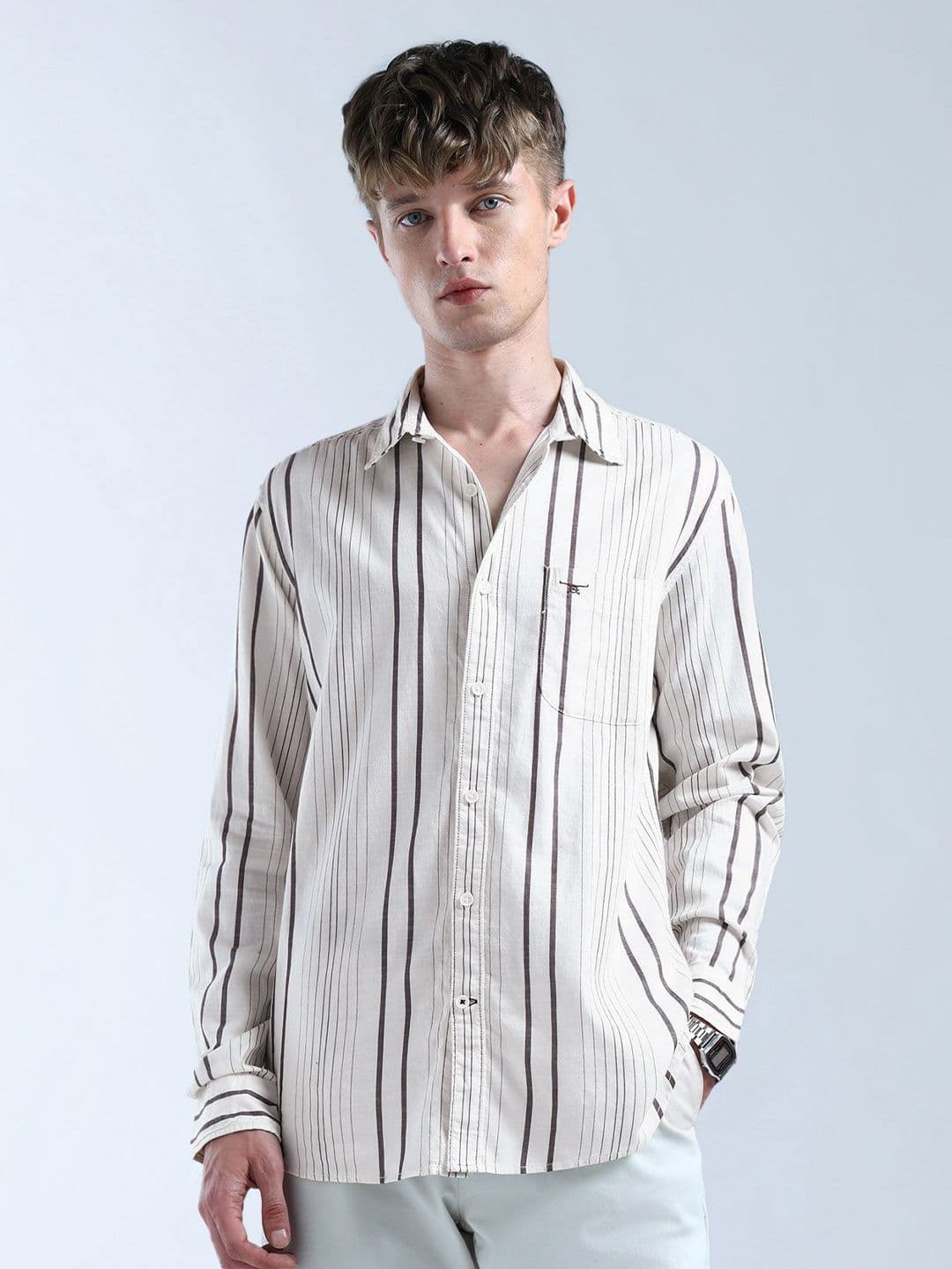 Flying Machine Vertical Striped Spread Collar Cotton Casual Shirt - view 1