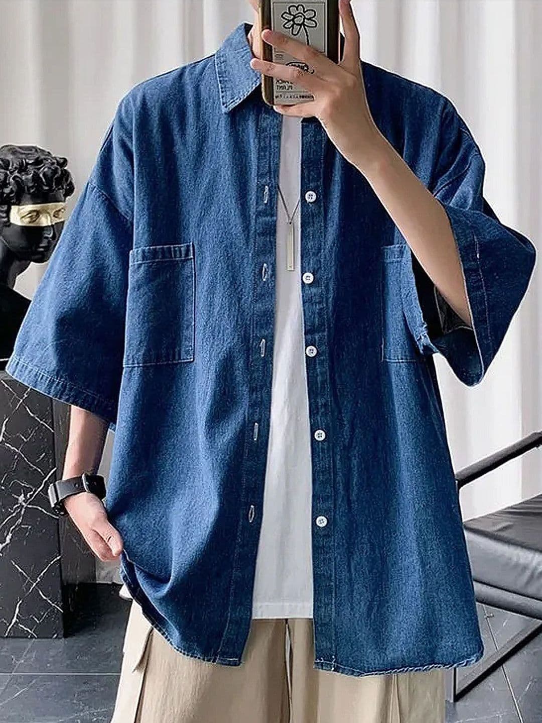 LAUREN ADAMS Denim Spread Collar Drop Shoulder Sleeves Oversized Casual Shirt - view 1