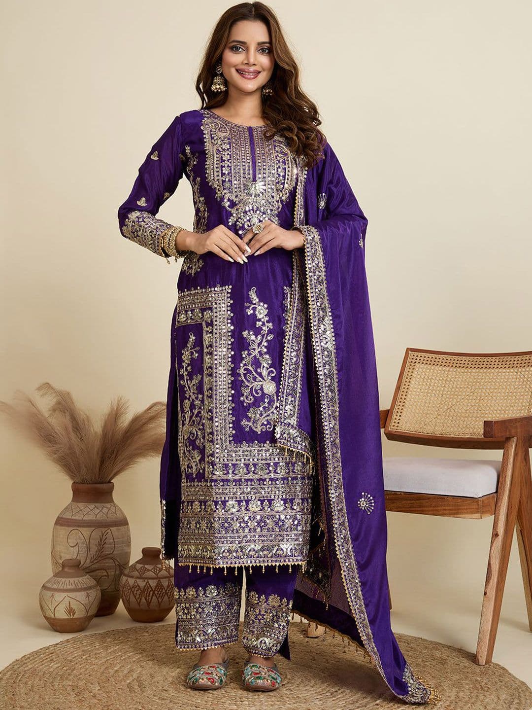 AKSHARAM Floral Embroidered Sequinned Straight Kurta With Trousers & Dupatta - view 1