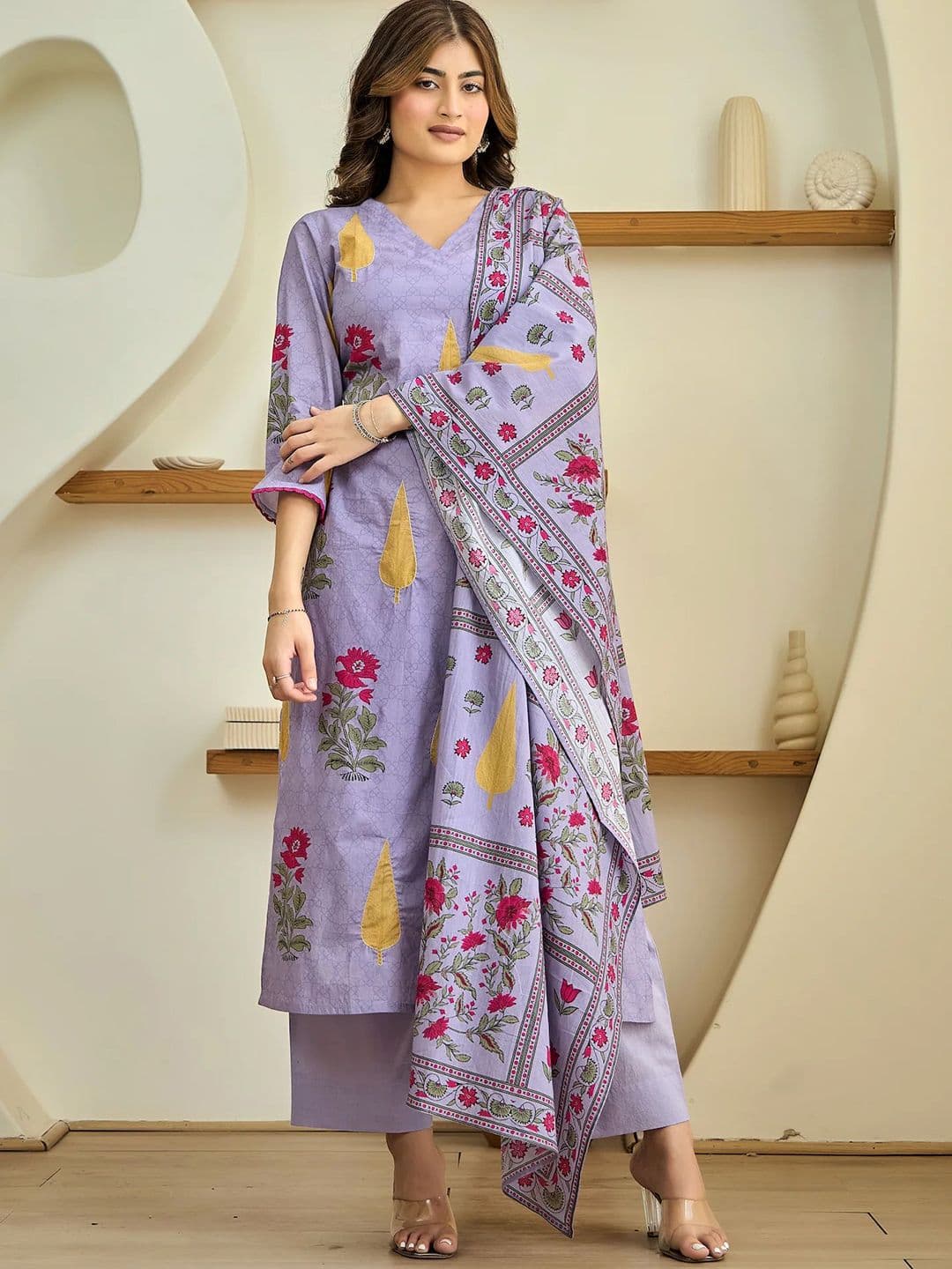 GoSriKi Floral Printed V-Neck Straight Kurta With Palazzos And Dupatta - view 1