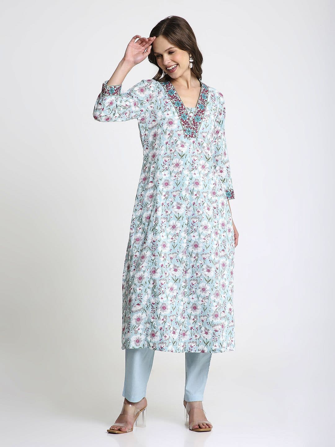 Saffron Threads Floral Printed Pure Cotton V-Neck A-Line Kurta - view 1