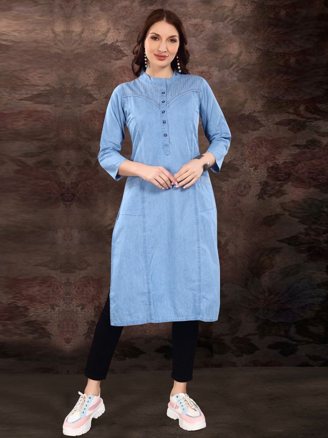 SK Creation Women Mandarin Collar Denim Straight Kurta - view 1