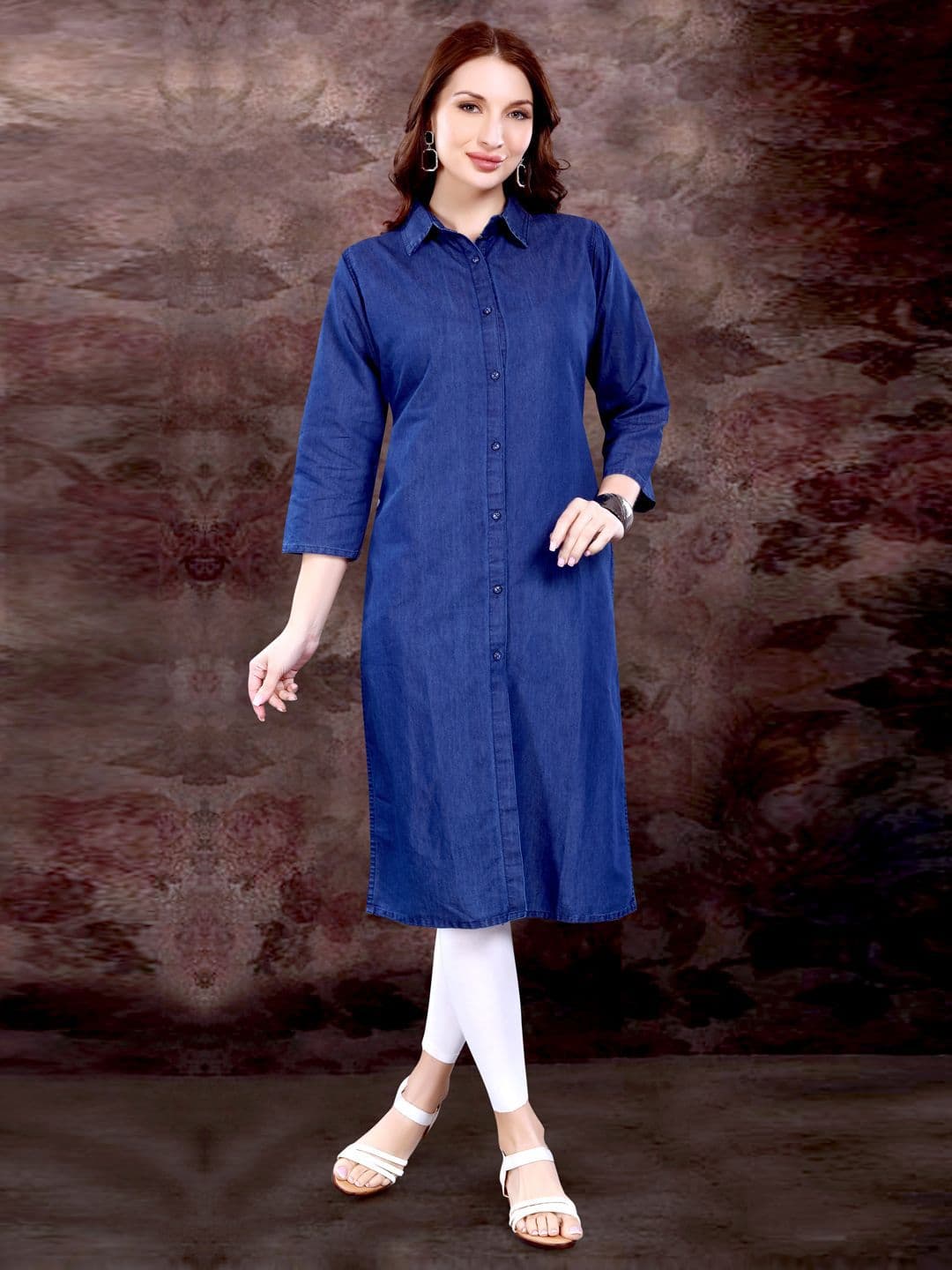 SK Creation Women Shirt Collar Straight Denim Kurta - view 1