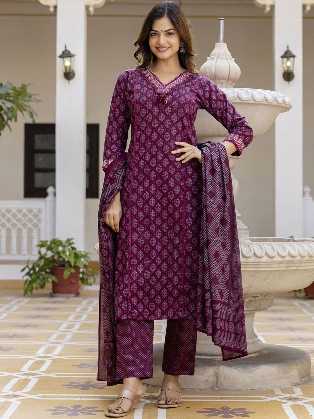 PARTHVI Floral Printed V-Neck Pure Cotton Straight Kurta With Trouser And Dupatta - view 1