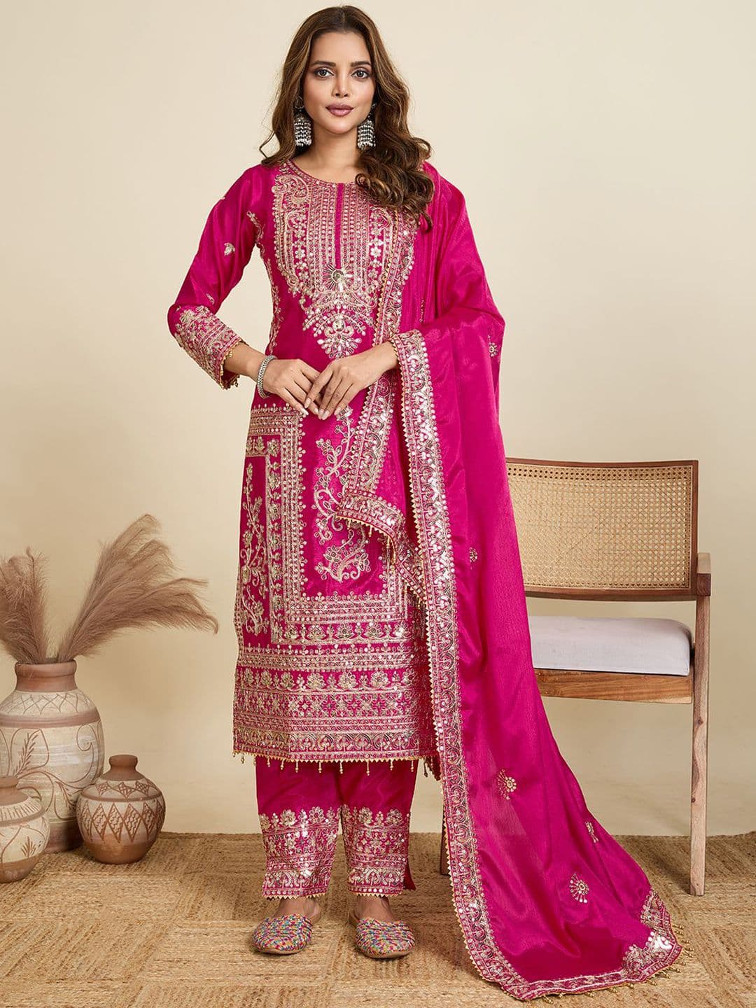 AKSHARAM Floral Embroidered Sequinned Straight Kurta With Trousers & Dupatta - view 1