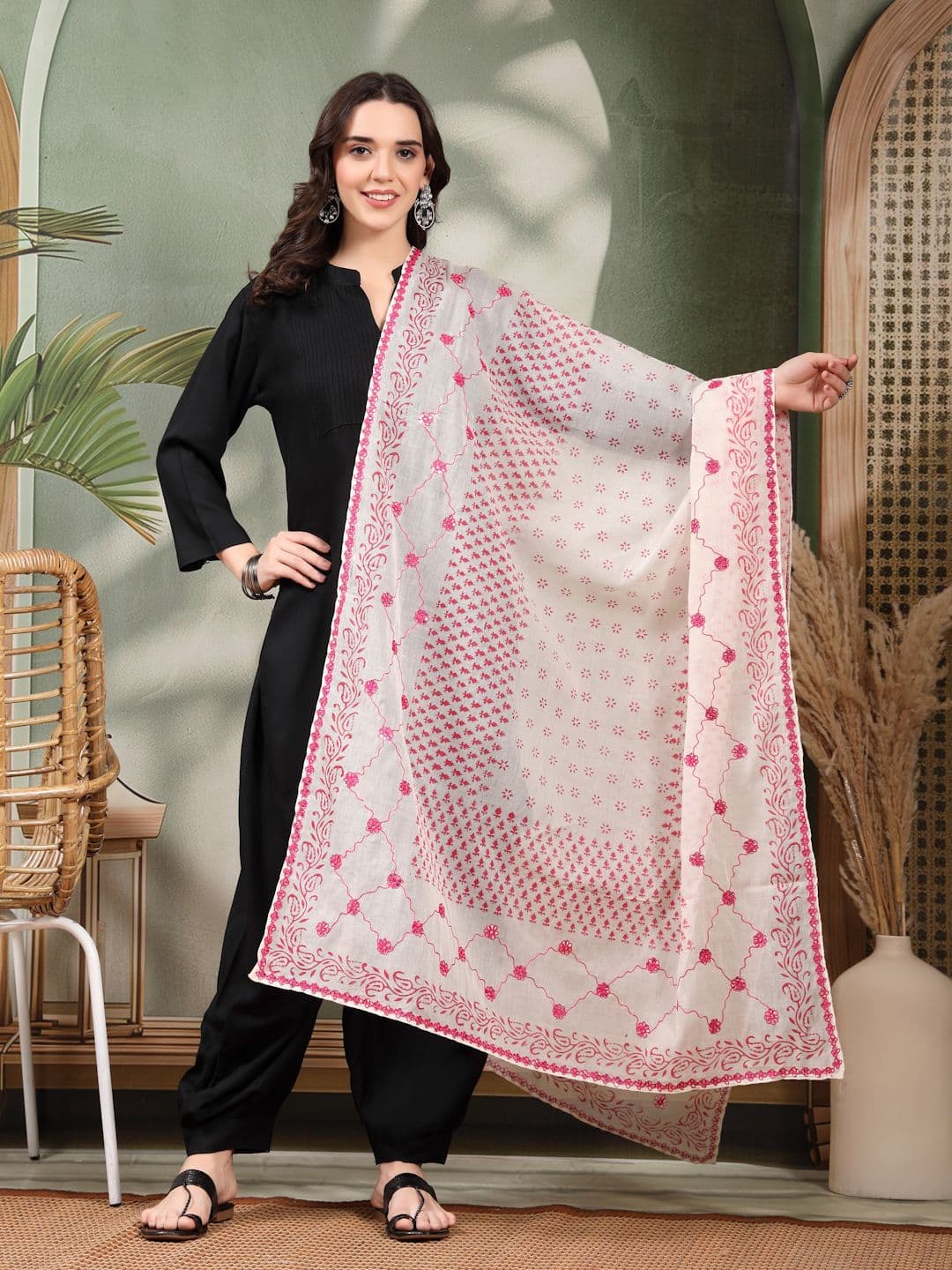 Clora Creation Floral Printed Mirror Work Pure Cotton Dupatta - view 1