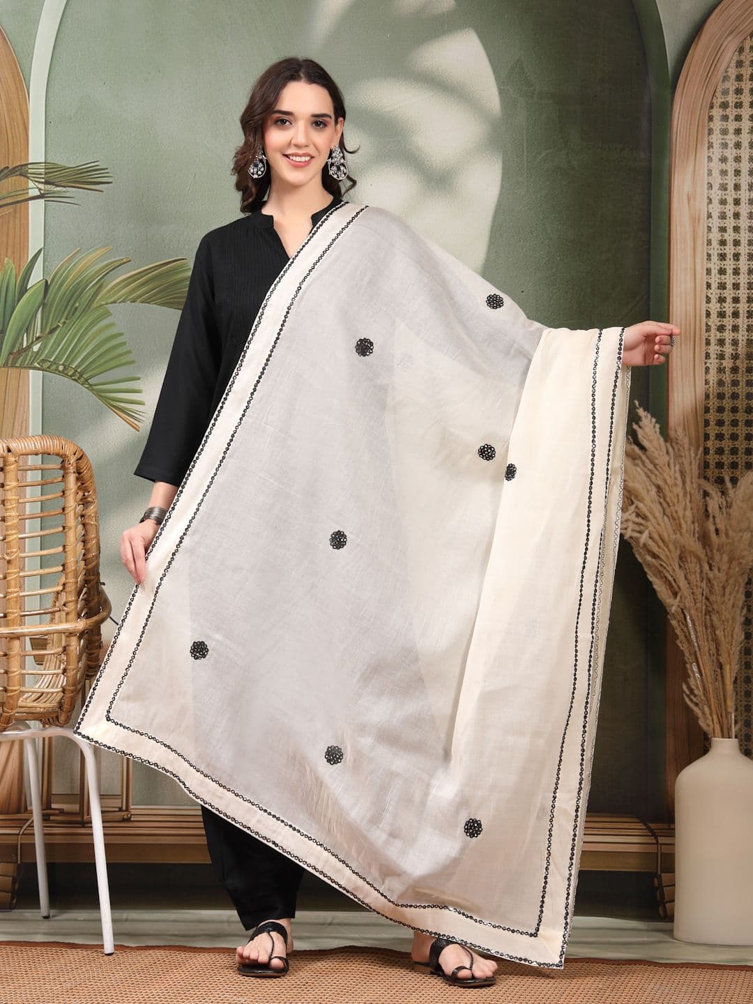 Clora Creation Floral Embroidered Cotton Dupatta With Thread Work - view 1