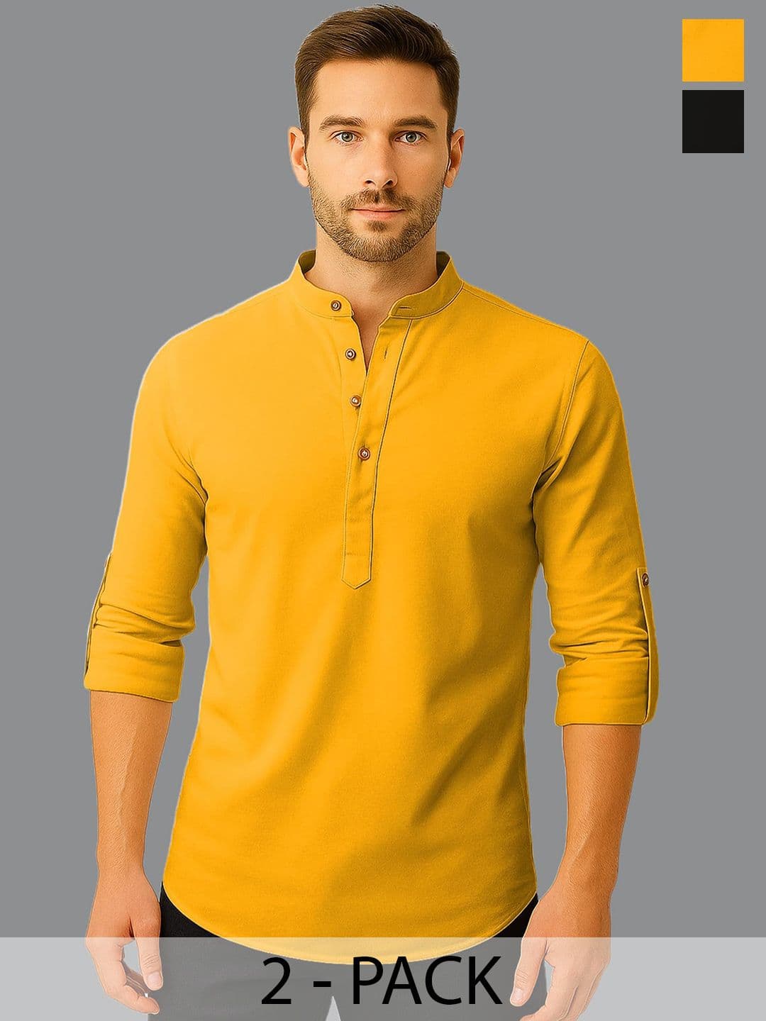 Vida Loca Selection Of 2 Band Collar Roll-Up Sleeves Cotton Straight Kurtas - view 1