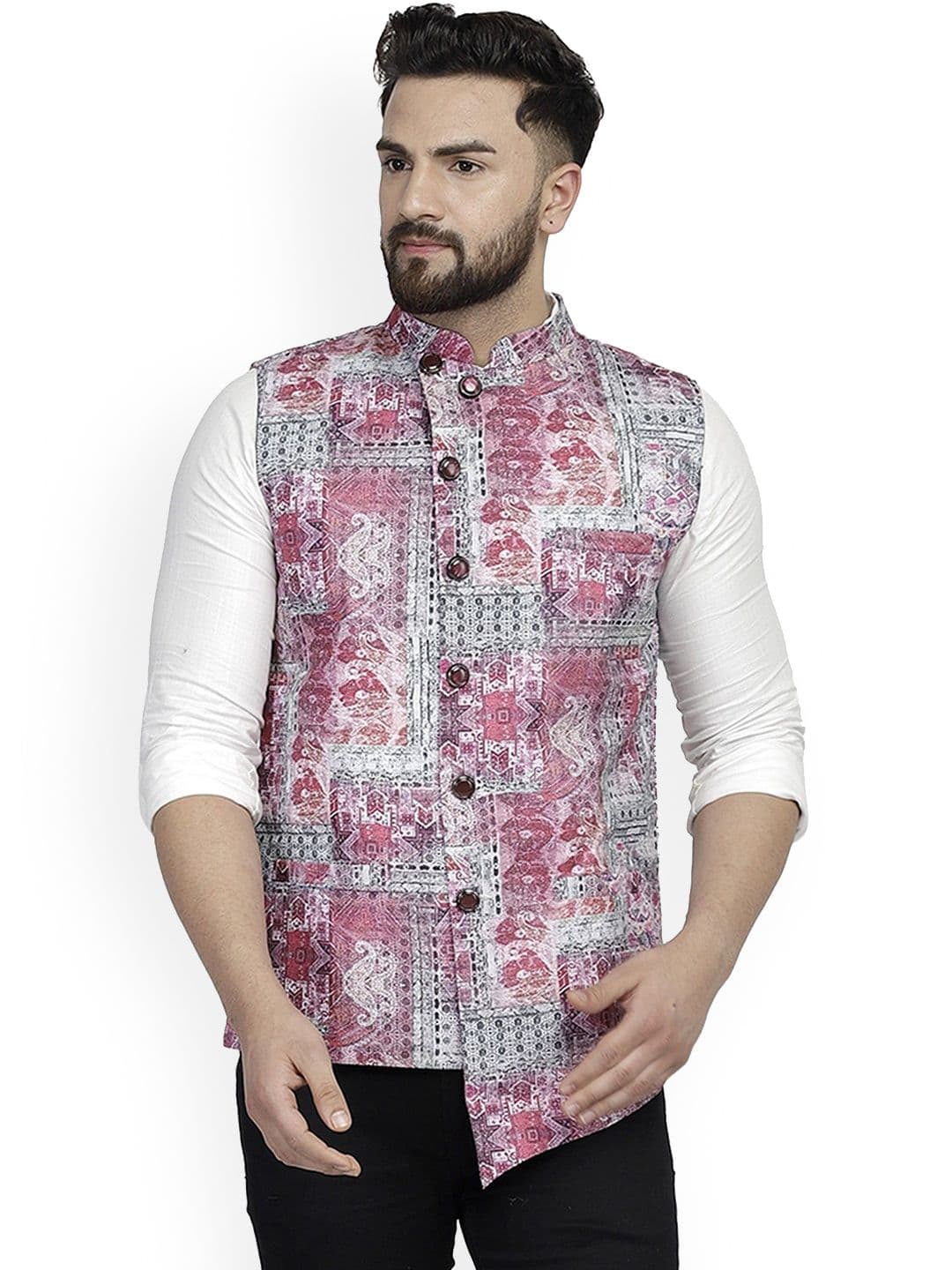 B BEN Printed Mandarin Collar Neck Woven Nehru Jacket - view 1