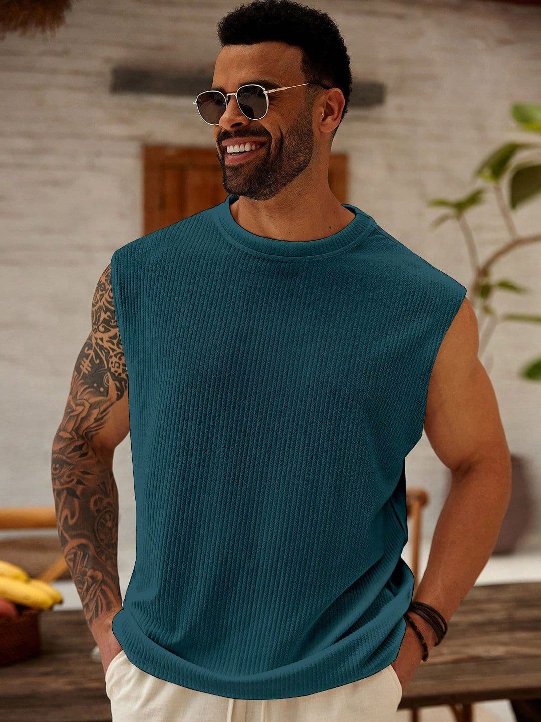 KAJARU Men Striped Round Neck Sleeveless T-shirt - view 1