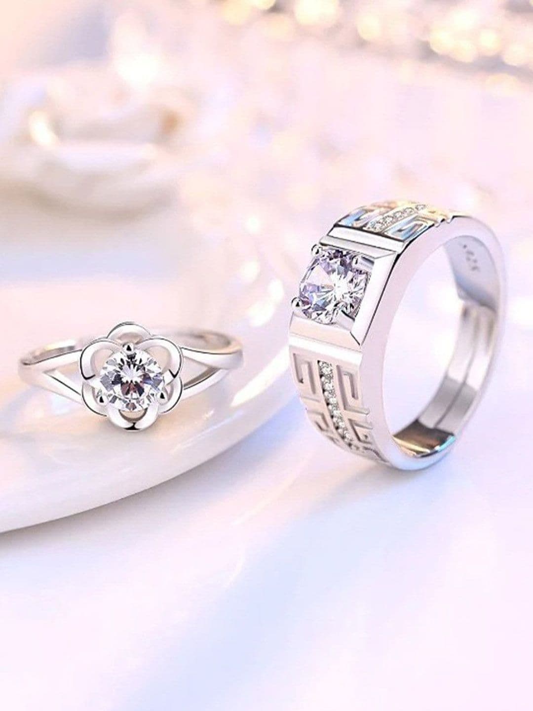kazare Set Of 2 Rhodium Plated Stones Studded Adjustable Couple Finger Rings