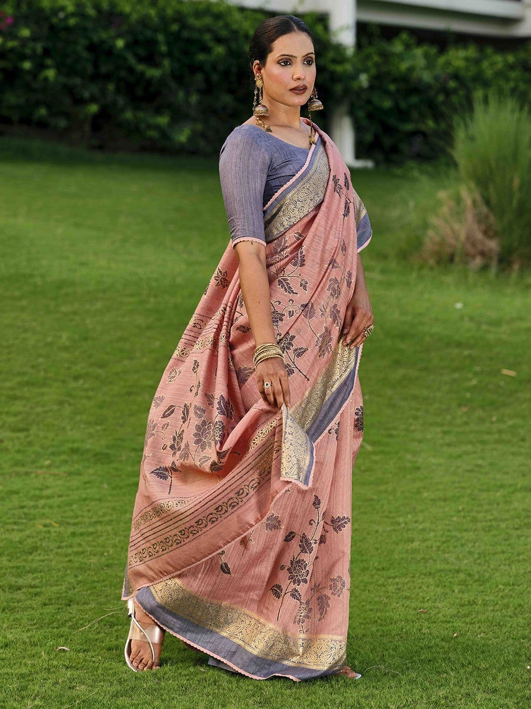Mitera Floral Printed Zari Saree With Unstiched Blouse Piece - view 1