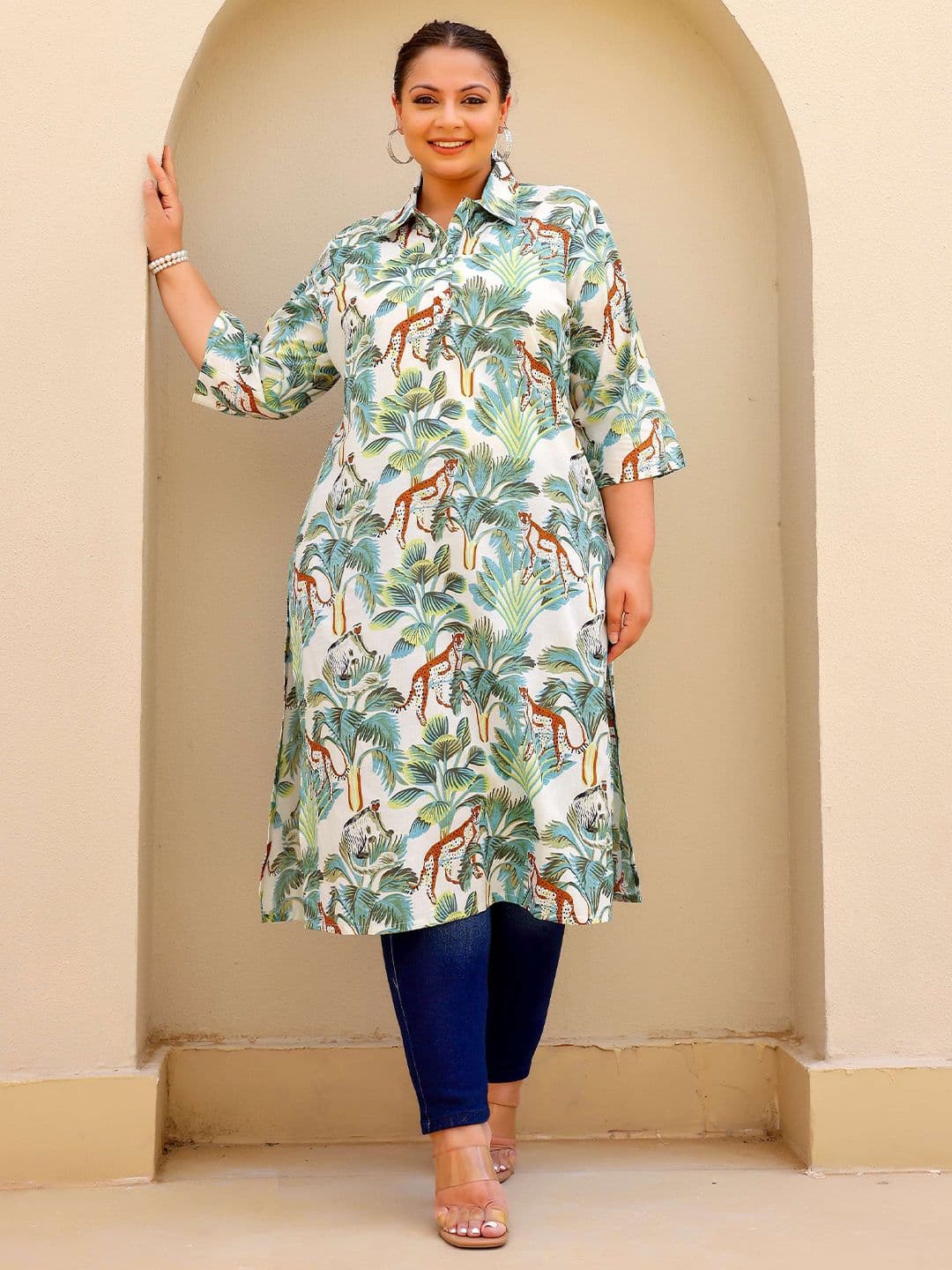 FLAVIA CREATION Women Floral Printed Flared Sleeves Sequinned Cotton Kurta - view 1