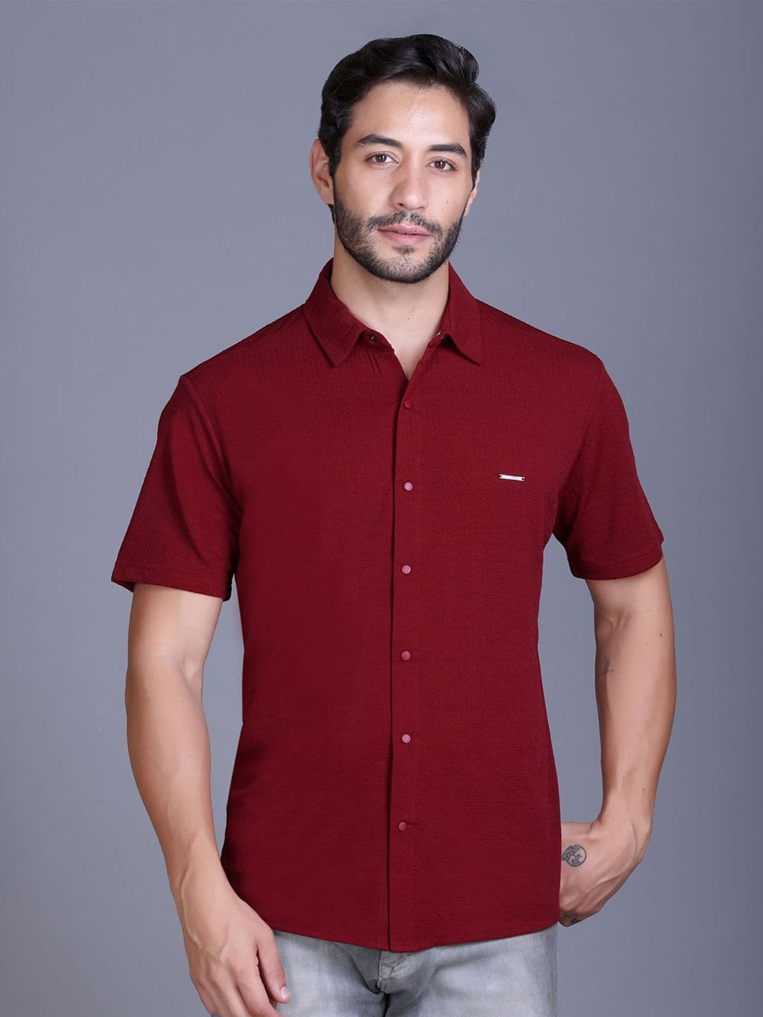 Parcel Yard Men Classic Fit Textured Spread Collar Cotton Casual Shirt - view 1