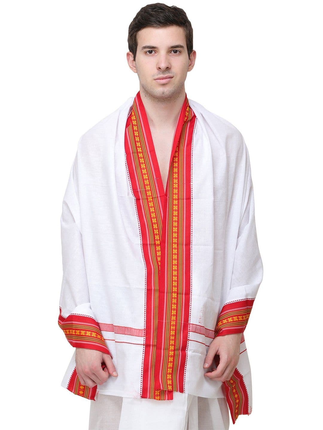 Exotic India Plain Angavastram with Thread Woven Border - view 1