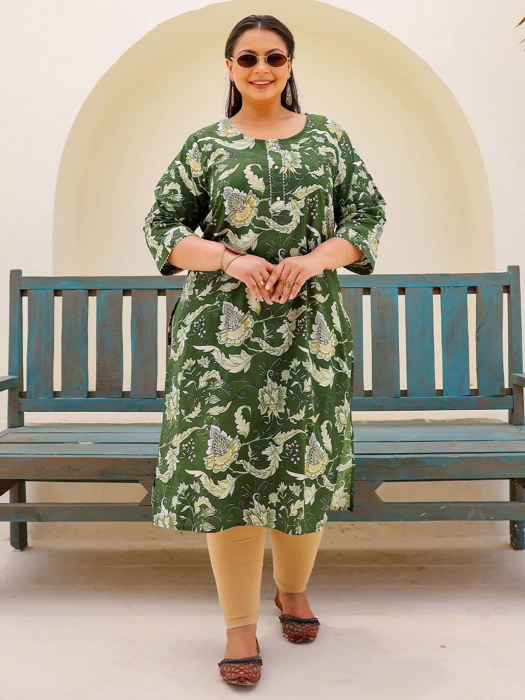 FLAVIA CREATION Plus Size Ethnic Motifs Printed Round Neck Straight Cotton Kurta - view 1