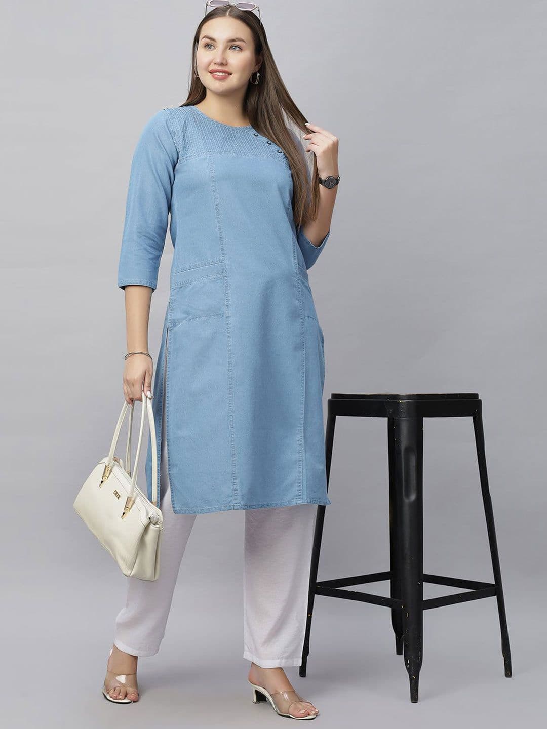 SK Creation Women Solid Denim Kurta - view 1